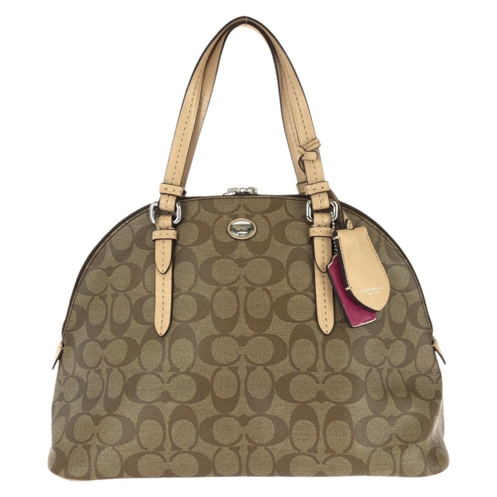 COACH Signature Brown Beige Silver Hardware Leather Handbag F26184 for Women